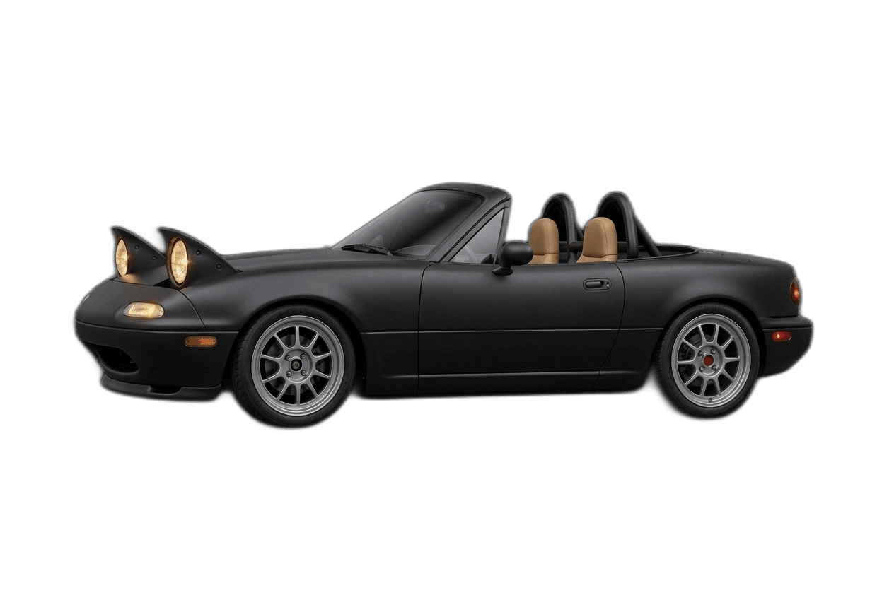 Matte black Mazda Miata with pop-up headlights