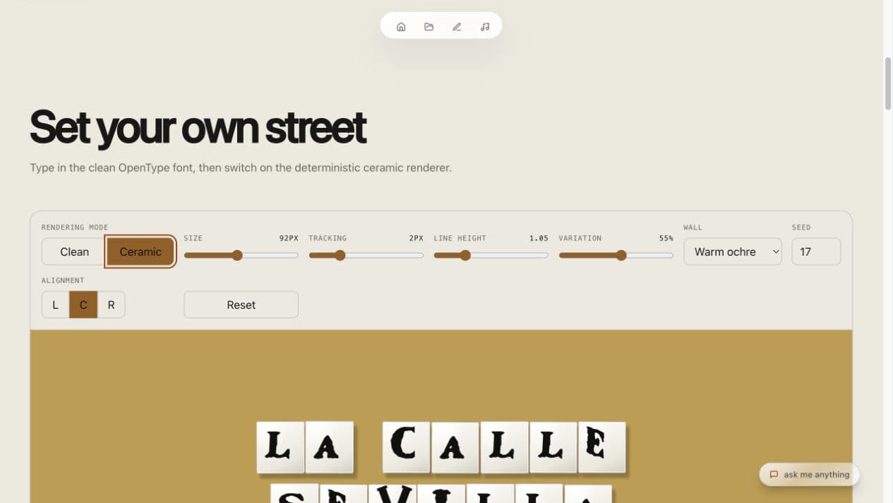 La Calle interactive specimen in ceramic mode with warm ochre wall and deterministic tile variation